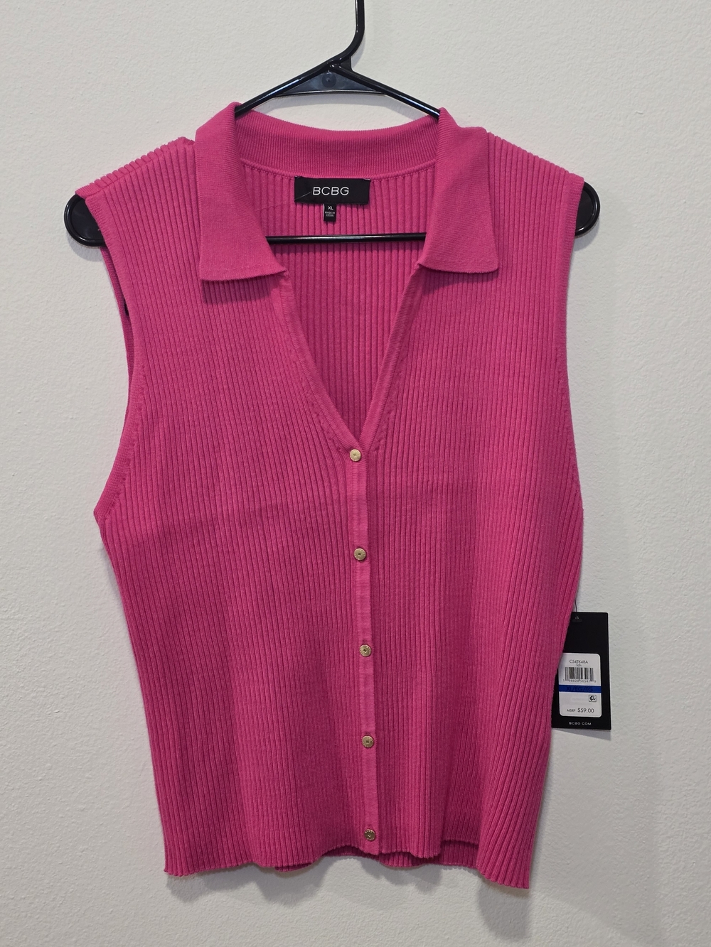 BCBG Sleeveless Rib-Knit Button Front Top - Hot Pink